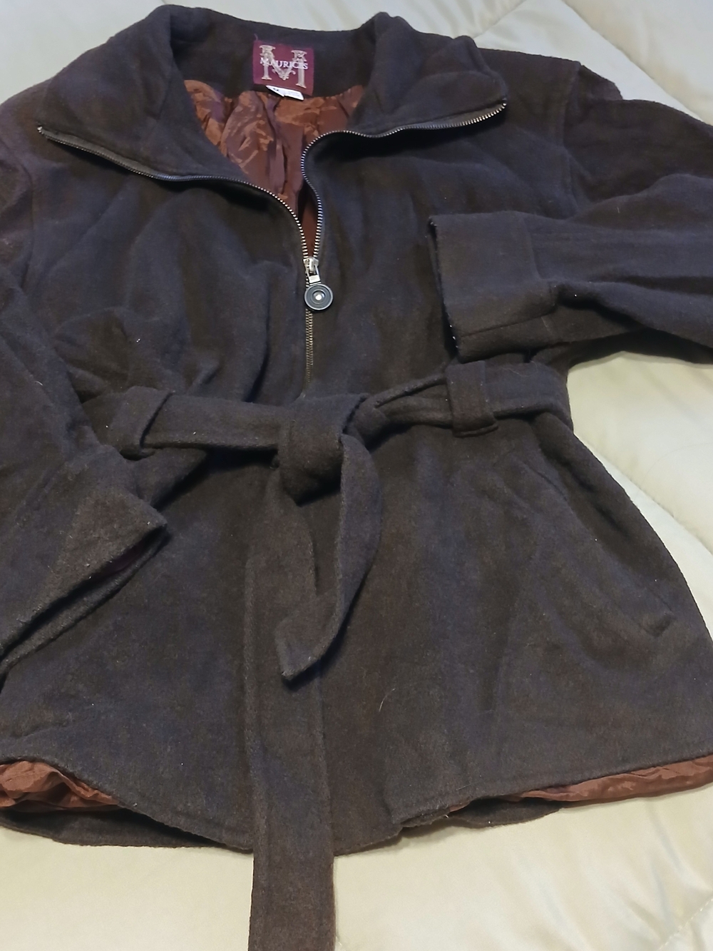 Vtg Maurices Woolblendmark Full Zip Brown Belted Trench Coat Made In USA